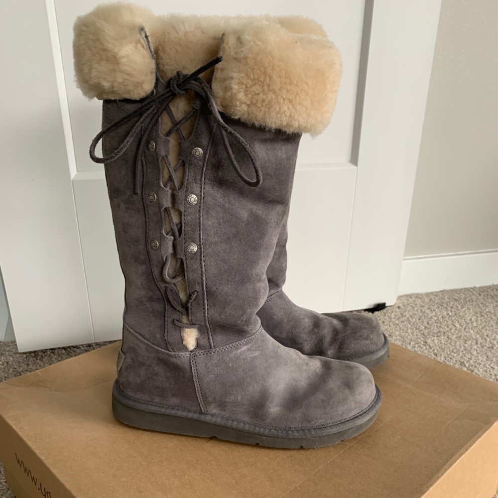 Grey side lace tall UGG boots
